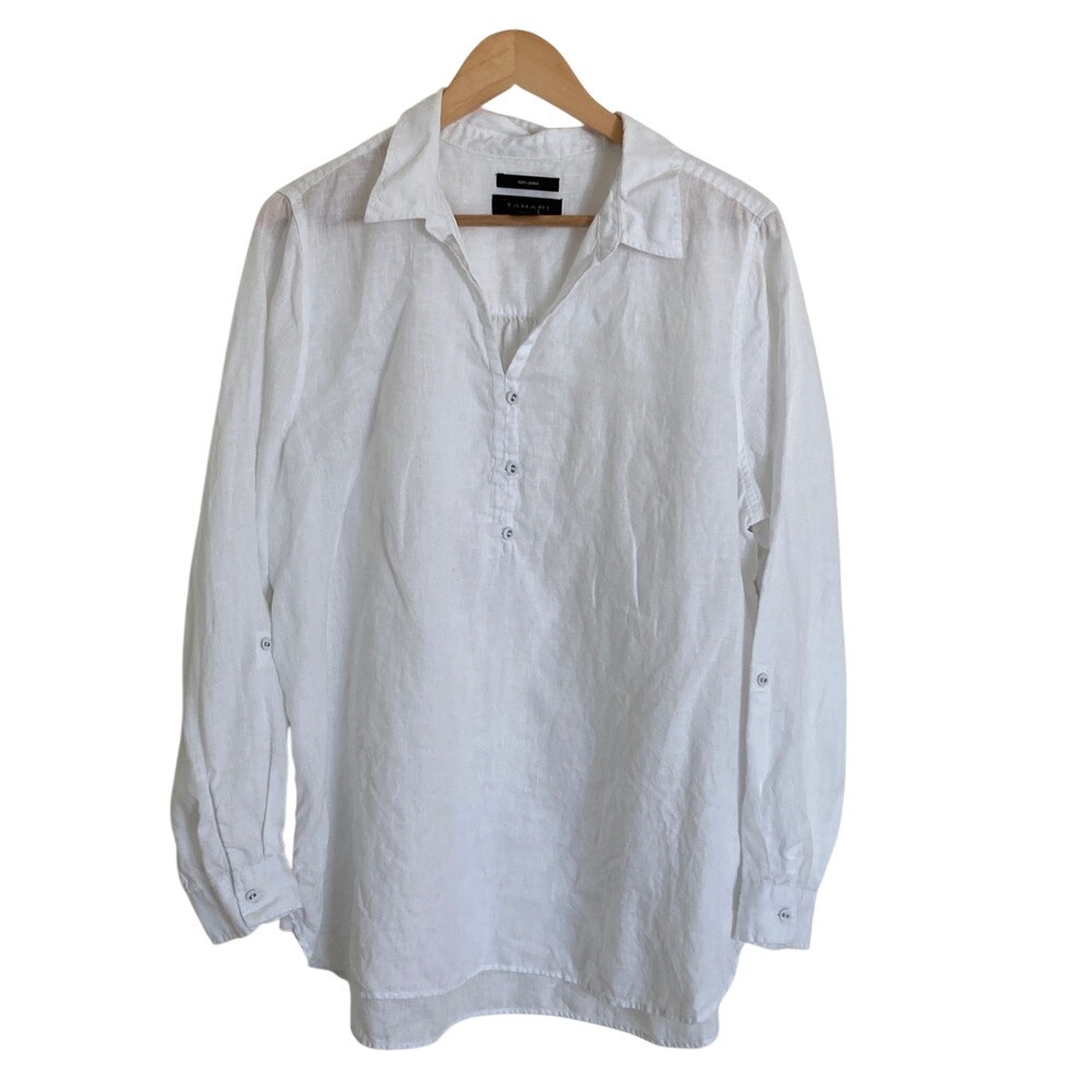 Tahari Womens White Linen Long Sleeve Tunic Blouse Top Size XL Classic Old Money